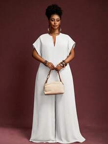 Veslaya 2025新款复古优雅V领巧克力色短袖阔腿连体裤，大码女装，夏季款 - 白色 - 查看 5