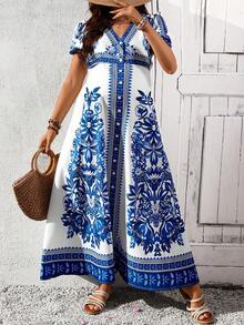 SHEIN 孕妇V领印花休闲度假短袖连衣裙 - 藍白色 - 查看 4