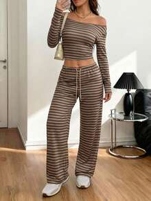 Aidyla 女士卡其色条纹长袖修身宽领抽绳腰直筒裤，秋季款 - 卡其色 - 查看 2