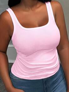 Slaydiva Camiseta de tirantes ajustada con cuello en V profundo, talla grande, de punto acanalado con fruncidos laterales, color blanco semitransparente - Rosa - Ver 1