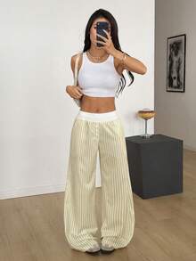 Flirla 女士条纹拼接撞色裤 - 黃色 - 查看 5