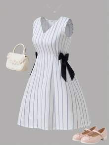 Tween Girl Striped Print V-Neck Textured Fabric Sleeveless Fitted Dress - White - View 9