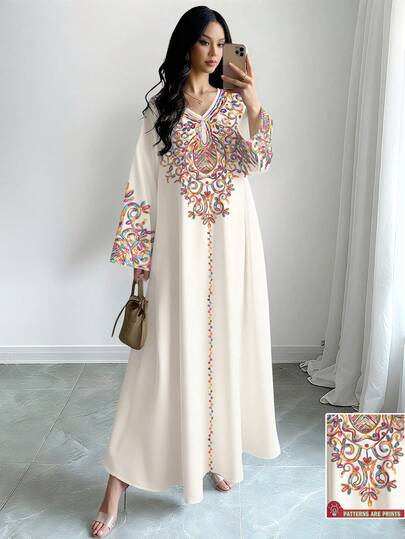 SHEIN Najma رمضان فستان ماكسي أنيق بطبعة رقمية ملونة بنمط الكرمة، طويل الأكمام وياقة على شكل حرف V، للربيع والخريف