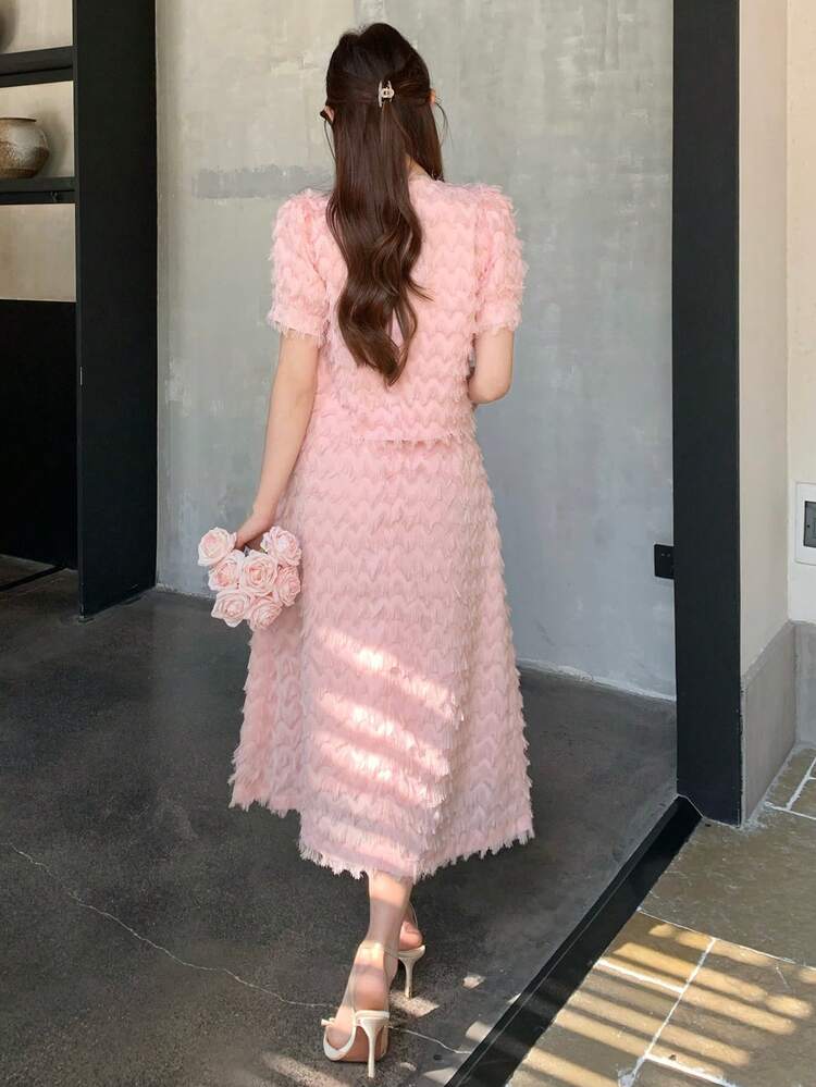 Women's Elegant Textured V-Neck Puff Sleeve Blouse And Skirt 2 Pieces Set, Summer