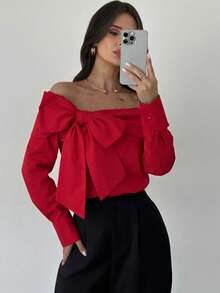 Firerie Women's Elegant, Refined, Romantic Off-Shoulder Bowknot Long Sleeve Blouse, Suitable For Commuting, Street Style And Urban Chic, Autumn/Winter - Red - View 5