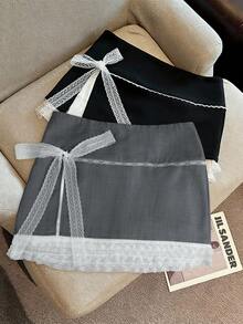 Franclia Sweet & Spicy Bow Lace Patchwork A-Line Mini Skirt, Summer - Dark Grey - View 1