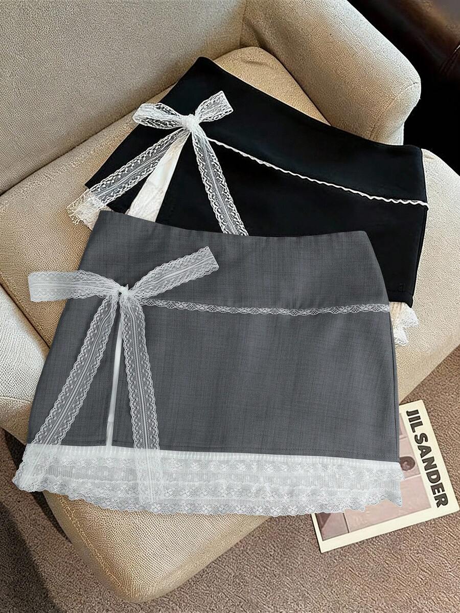 Franclia Sweet & Spicy Bow Lace Patchwork A-Line Mini Skirt, Summer - Dark Grey - View 1