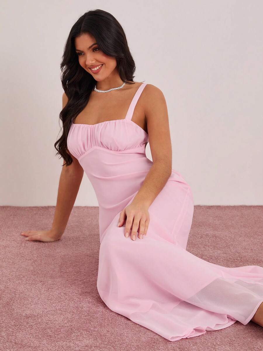 Enchnt Đầm hai dây ôm sát, không tay, hở lưng, màu trơn, gợi cảm. - Hồng - Xem 1