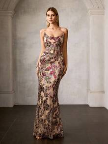 MOTF PREMIUM ELEGANT U-SHAPED NECKLINE FLOOR-LENGTH MERMAID GOWN WITH BACK LACE-UP DESIGN – RANDOM FLORAL BEAD & SEQUIN FABRIC, SLIM-FITTING SILHOUETTE FOR FALL/WINTER FORMAL EVENTS, GALAS & UPSCALE PARTIES - Multicolor - View 6