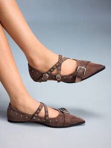 CUCCOO GRLICON Women's Fashion Versatile Commuter Buckle Pointed Toe Flats Valentine's Day - Coffee Brown - View 6