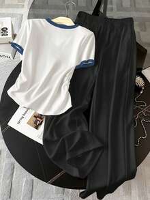 Resyla Bộ 2 món dành cho nữ, áo ngắn tay và quần in hình hoạt hình cún con, viền tương phản. - Nhiều màu - Xem 2