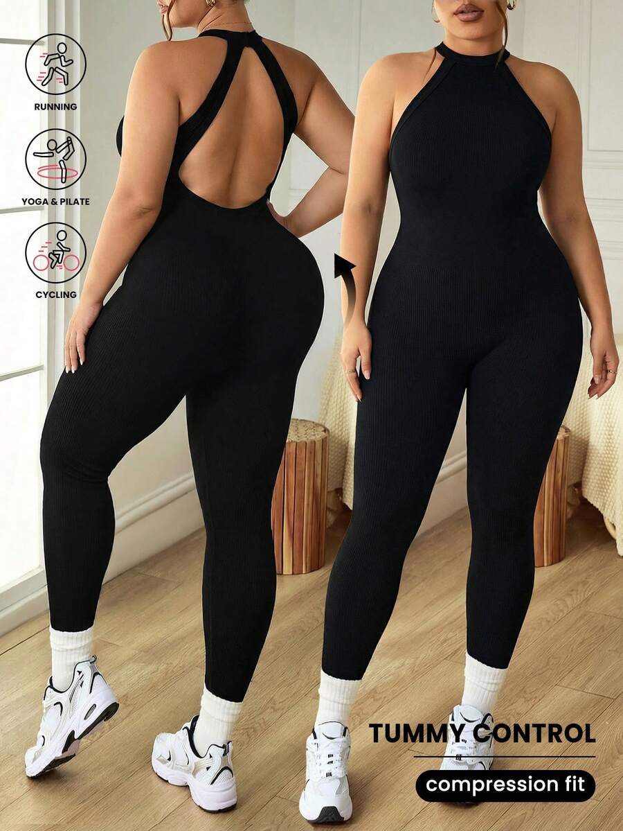Rhythm Era Macacão Sem Costas Sem Mangas Sem Emendas de Cor Sólida Plus Size