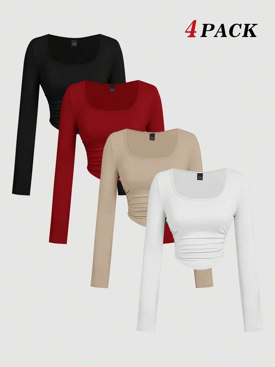 SHEIN MOD 4件套女士褶皱休闲方领长袖T恤套装,保暖衣物,秋季,外出上衣,假日,新年 - 紅色 - 查看 1