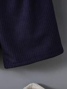 SHEIN 男童休闲罗纹半拉链上衣短裤套装（两件套），适合夏季外出穿着，简约设计，舒适百搭。 - 藏藍色 - 查看 6