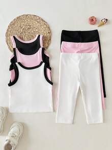 SHEIN Playful Pals Bộ đồ thể thao ngoài trời mùa xuân cho bé gái, chất liệu vải gân in hình trái tim, gồm áo tank top không tay và quần ống rộng thoải mái cạp chun. - Nhiều màu - Xem 2