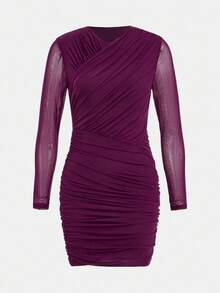 Maija Valentines Day DressPurple Overlap Long Sleeve Autumn/Winter Women's Short Fitted Ruched Dress Purple Dress Ruched Dresses For Women Women Long Sleeve Casual Dresses Birthday Dress Purple Dress Women Long Sleeve Dresses Woman - Red Violet - View 7