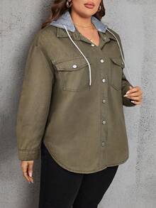 EMERY ROSE Plus Size Casual Washed Denim Jacket, Autumn - Army Green - View 4
