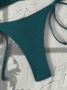 Swim Vcay Women's Solid Color Halter Tie Backless Sexy Thong Bikini Set - Teal Blue - View 5