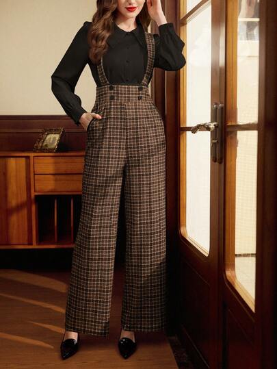 Vintamour Vintage eleganta dubbelknäppta färgblockerande rutiga fickor, raka jumpsuits för kvinnor, julkläder för kvinnor, vinterkläder för kvinnor, nyårskvinnor, julkläder för kvinnor, affärsmässiga kvinnor, vinterkläder, overaller för kvinnor, gamla pengar stil, bruna byxor, nyårskvinnor, konsertkläder för kvinnor, utekläder för kvinnor, vinterbyxor för kvinnor, alla hjärtans dag, alla hjärtans dag