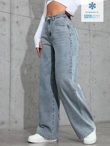 SHEIN PETITE 女士高腰带口袋阔腿宽松休闲百搭牛仔裤 - 淺色水洗藍 - 查看 4