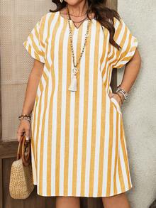 EMERY ROSE 大码女式早春短袖条纹连衣裙 - 黃色 - 查看 1