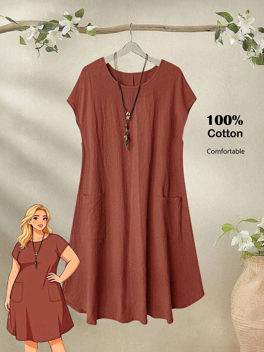 Rusticease Đầm nữ cỡ lớn, cổ tròn, tay ngắn, màu xanh rêu trơn, có túi, thích hợp cho kỳ nghỉ. - trái cam - Xem 1
