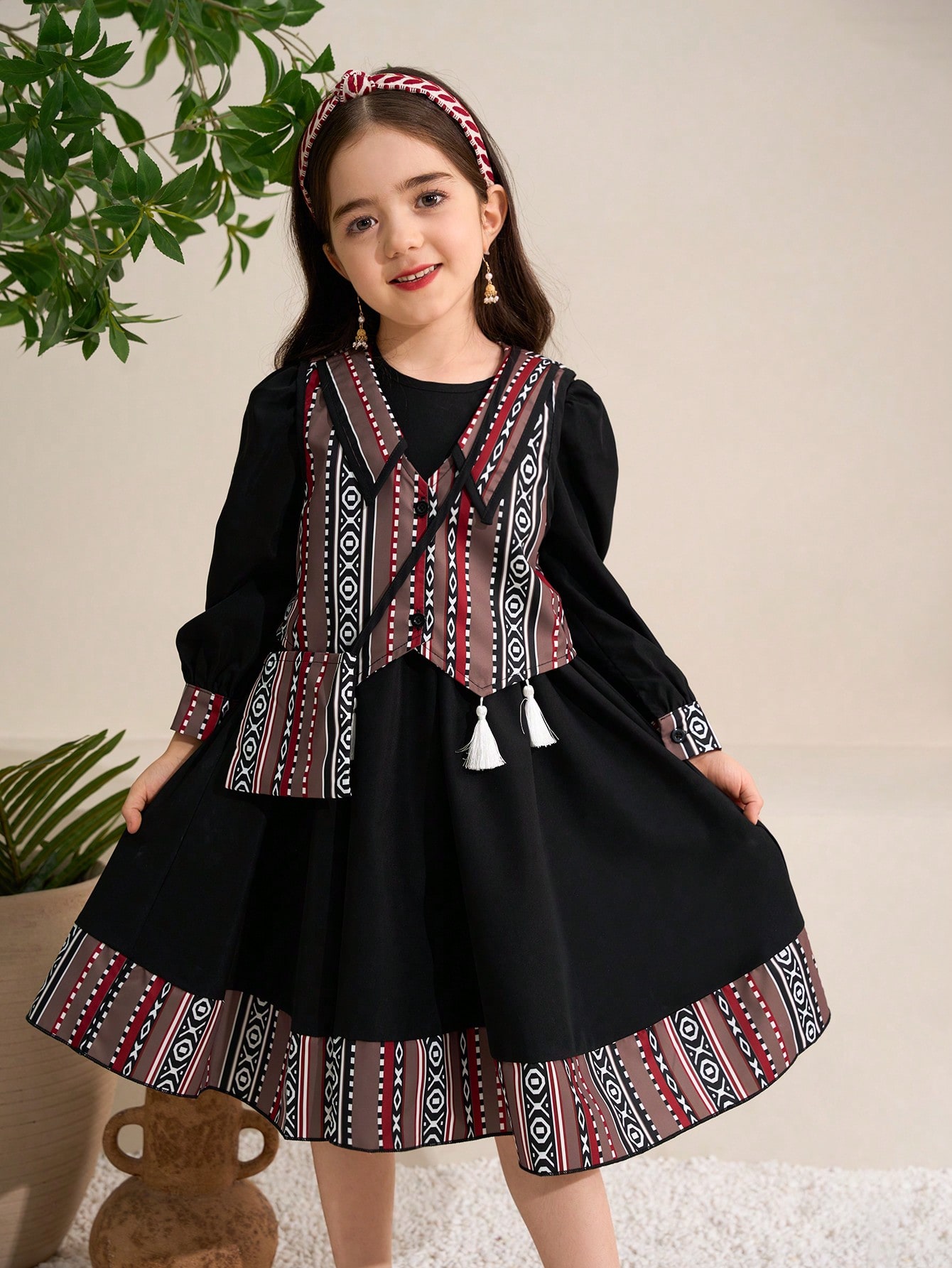 رمضان فستان كاجوال للفتاة الصغيرة بطبعات هندسية وي...