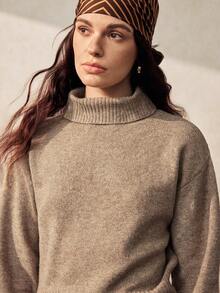 Chiquease Solid Color High Neck Dropped Shoulder Long Sleeve Loose Casual Knit Sweater - Khaki - View 7