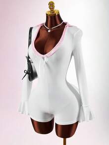 Amplova 2026 New V-Neck Lace Collar Textured Ribbed Skinny Women's Jumpsuit - Multicolor - View 3