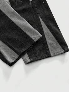 ROMWE MEN Street Life Quần jeans ống loe nam xếp lớp, họa tiết kim cương lấp lánh, phối màu tương phản. - màu đen - Xem 6