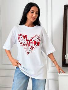 EURMUSE Áo thun cotton tay ngắn màu trắng in hình trái tim và nơ đỏ, cổ tròn, dáng rộng thoải mái. - trắng - Xem 4