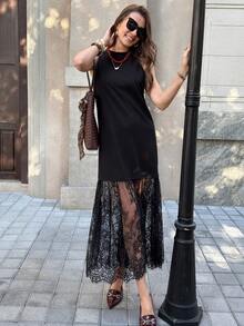 Solivie Đầm dài không tay cổ tròn phối ren tương phản dành cho nữ - màu đen - Xem 5