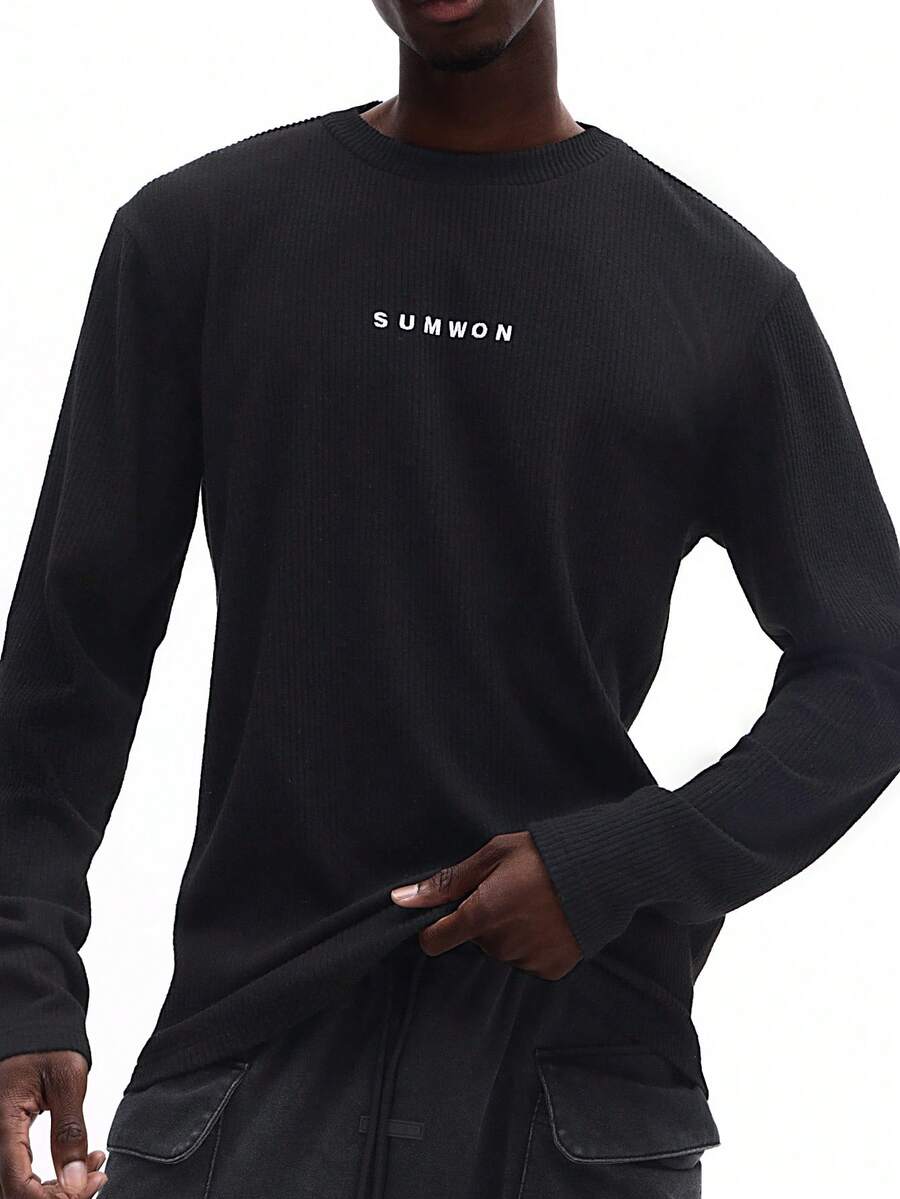 SUMWON Men's Long Sleeve Black Jersey Crew Neck T-Shirt With Small White Chest Logo Print Casual Comfortable Everyday Wear - Black - View 1