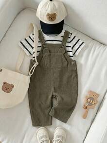 Set de 2 piezas para niños pequeños: Camiseta de manga corta de cuello redondo a rayas y pantalón peto de pana ajustable con oso, adecuado para ir y venir, la escuela, vacaciones, deportes, primavera/otoño, 6M-3T, ropa para niños, ropa para bebés, ropa para niños pequeños, camiseta para niños pequeños, peto para niños pequeños - Verde Oscuro - Ver 11