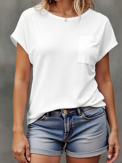 EMERY ROSE Plus Size Women's Round Neck Pocket Sleeve T-Shirt, Comfortable Casual Top