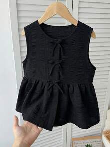 SHEIN 少女休闲日常度假纹理蝴蝶结前开襟露脐上衣