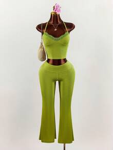 Amplova Women's Halter Lace Patchwork Top And Flared Pants Two Pieces Set, Sexy V-Neck Green - Green - View 6