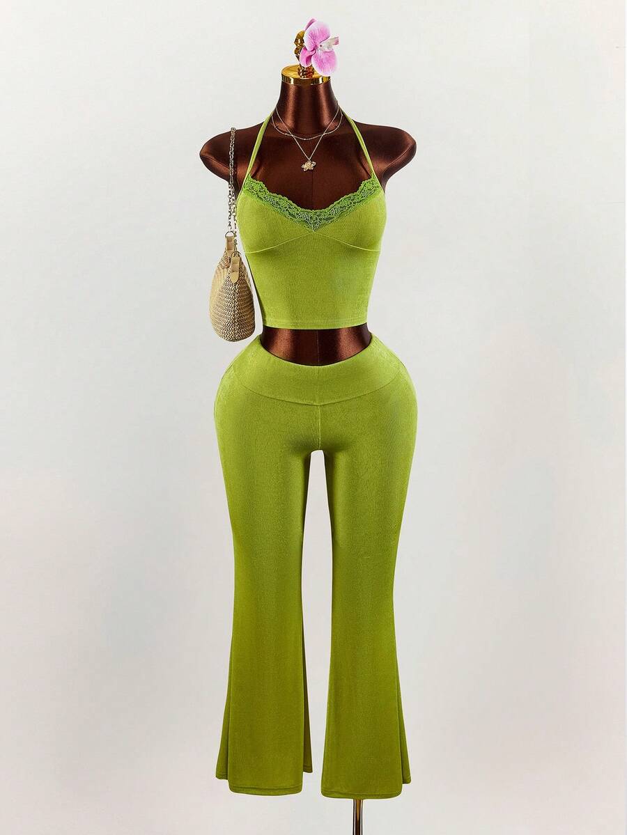 Amplova Women's Halter Lace Patchwork Top And Flared Pants Two Pieces Set, Sexy V-Neck Green - Green - View 1