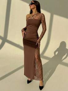 Aloruh Brown Lace Asymmetrical Shoulder Dress, Sheer Slit Elegant Evening Gown For Women - Coffee Brown - View 4