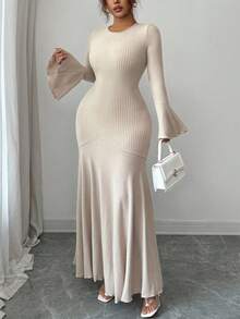 SHEIN PETITE CURVE Plus Size Women Solid Color Ribbed Flare Sleeve Fishtail Dress - Khaki - View 7