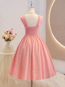 Elegant Elegant Graceful Pink Bubble Wrinkle Camisole Waist Snug Fit Cute Faux Pearl Decor Luxurious Dress For Teen Girls Dress Cute Dress Vintage Princess Dress For Women Apricot Dresses Teen Dress Summer Teen - Pink - View 2