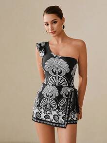 Swim Oasis 女士夏季海滩度假热带印花荷叶边袖口裹身系带连体泳衣 - 黑與白 - 查看 4