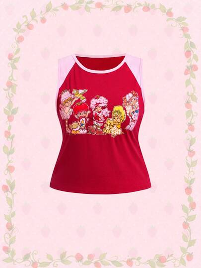 Strawberry Shortcake | ROMWE Spring / Summer Plus Size Summer Casual Contrast Color Cartoon Pattern Round Neck Tank Top