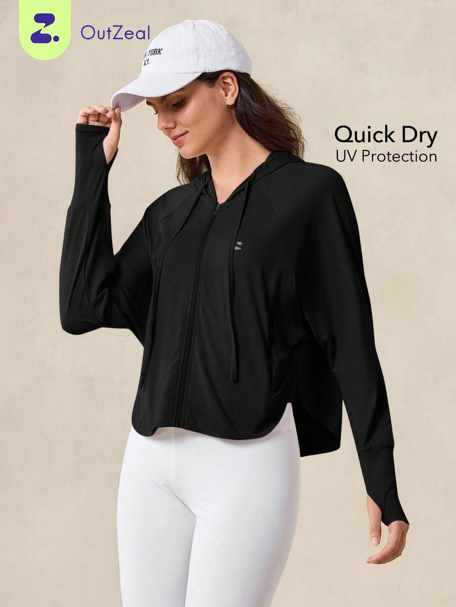 OutZeal Áo khoác nữ chống tia UV, nhanh khô, thoáng mát, tay cánh dơi, có mũ, thích hợp mặc hàng ngày. - màu đen - Xem 1