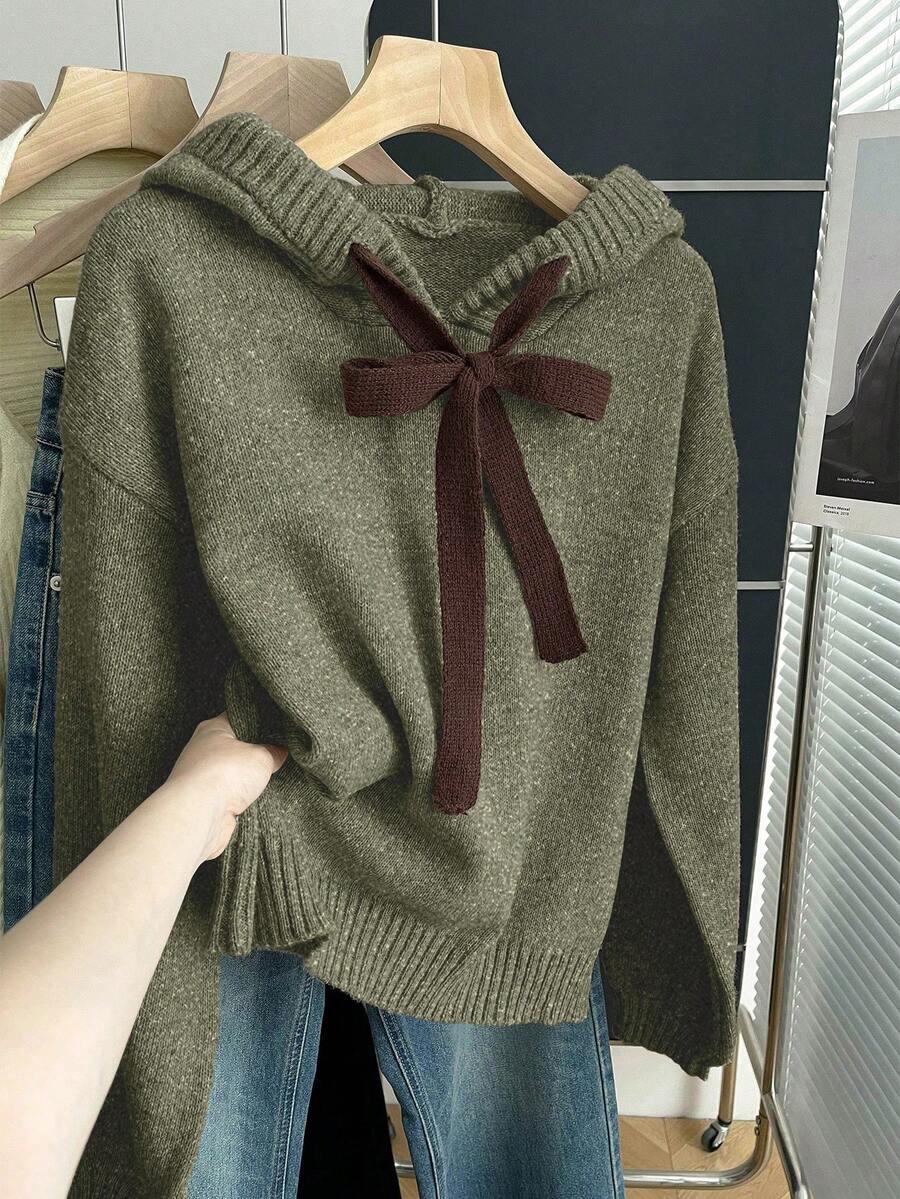 SHEIN LUNE Women's Olive Green Autumn Winter Hoodie Sweatshirt,Loose Long Sleeve Knit Pullover,Casual School Back-To-School Thickened Lantern Sleeve Outerwear - Army Green - View 1