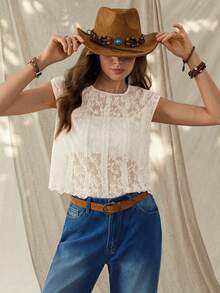 Wildy BOHO Casual Lace Women's T-Shirt, Suitable For Daily Wear, Commuting, Spring/Summer - Beige - View 3