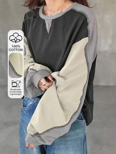 FRIFUL 女式宽松圆领落肩拼色休闲T恤，百搭秋冬长袖上衣
