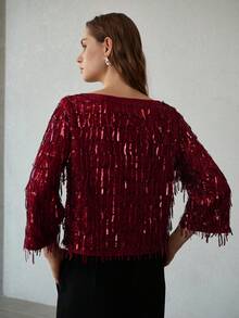 MOTF PREMIUM SEQUIN TASSEL FLARE SLEEVE PARTY TOP - Red - View 3