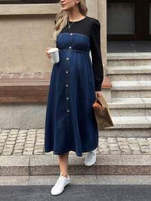 SHEIN 孕妇休闲撞色腰身牛仔连衣裙 春季 圣诞节 新年 感恩节 通勤 度假 毕业季 时尚 Y2K 可爱 街头风 派对 婚礼 优雅 商务休闲 女款 - 藍色 - 查看 6