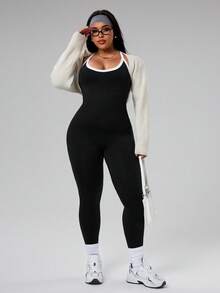 SHEIN Rhythm Era 大码女式黑色露背连体裤，适合跑步、瑜伽、健身、户外运动。